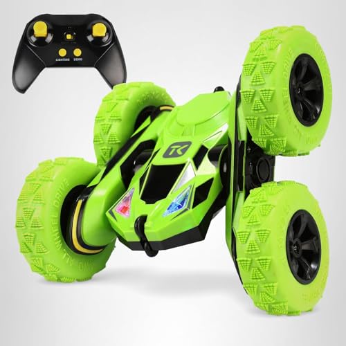 Threeking Remote Control Car RC Flip Stunt Double Sided Driving Cars Toys for Boys Girls Ages 6-12, 4WD 360° Flips with Breathing Soft Lights, Presents Gifts, Green