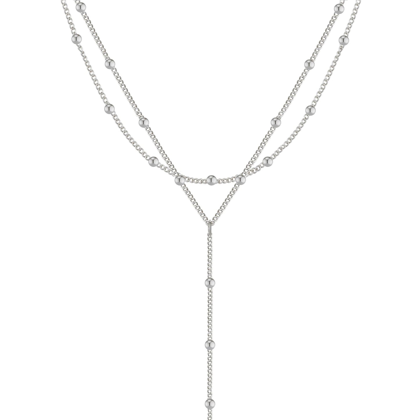 Lariat Silver Necklace for Women Waterprooof, Layered Long Necklace 14k Silver Plated Y-Shaped Beaded Chain Drop Necklace Body Chain Trendy Beach Accessories Fashion Silver Jewelry for Women Gift