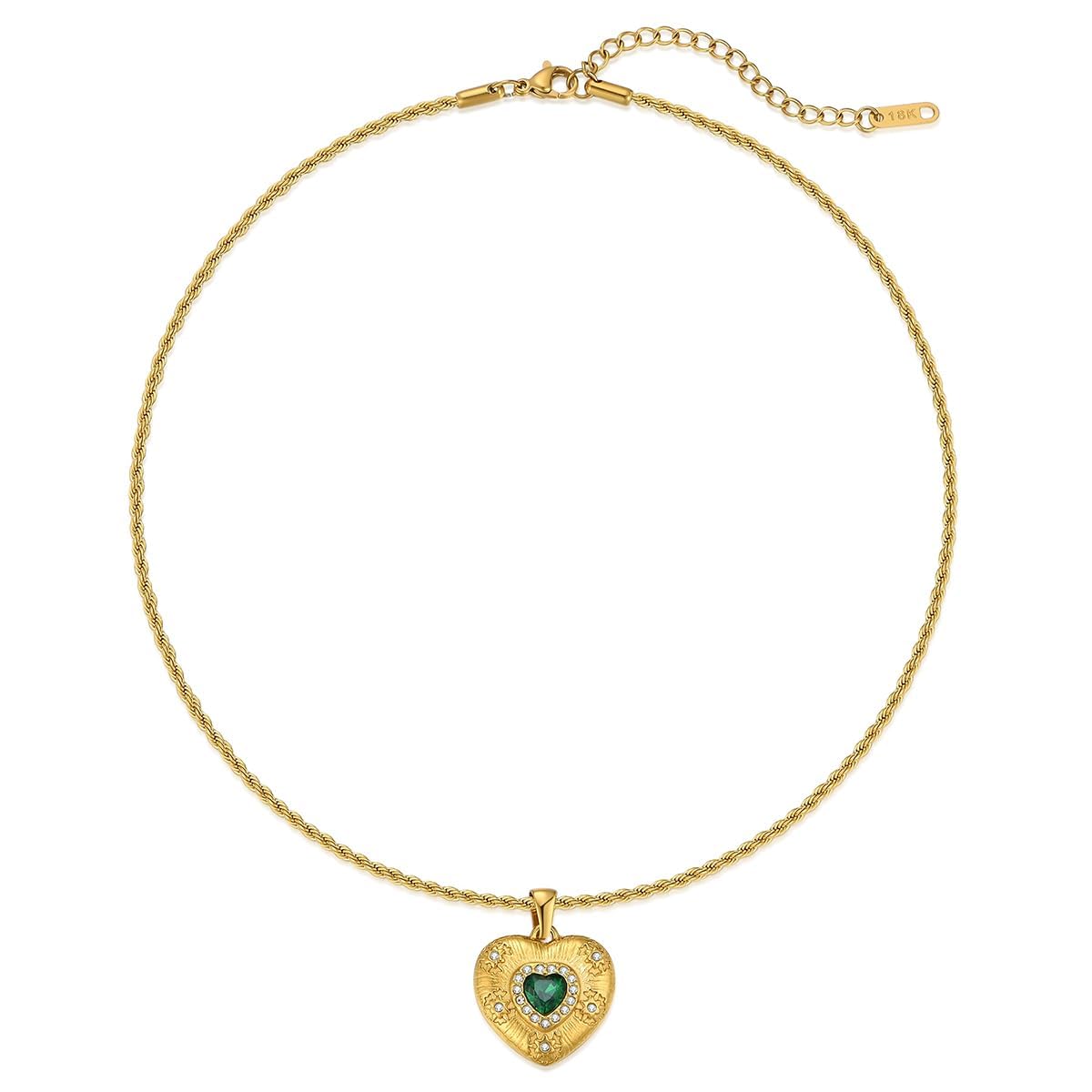 NUZON Emerald CZ Heart Pendant Necklace 18K Gold Plated Stainless Steel Love Heart Necklace Fashion Jewelry for Women Twisted Chain 16''