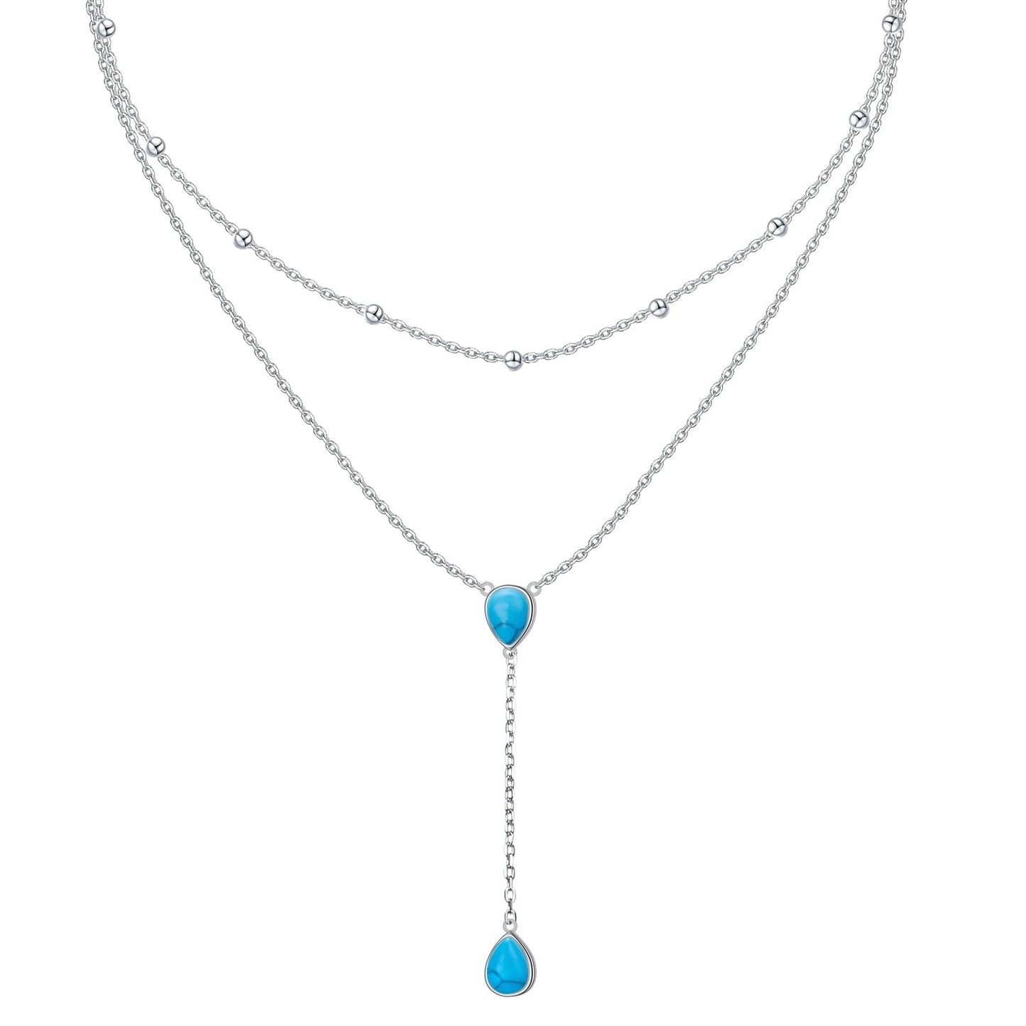 FLYOW S925 Sterling Silver Double Layered Necklace Teardrop Created Turquoise Choker Y Lariat Necklace Mothers Day Birthday Gifts for Women Wife Fiancée