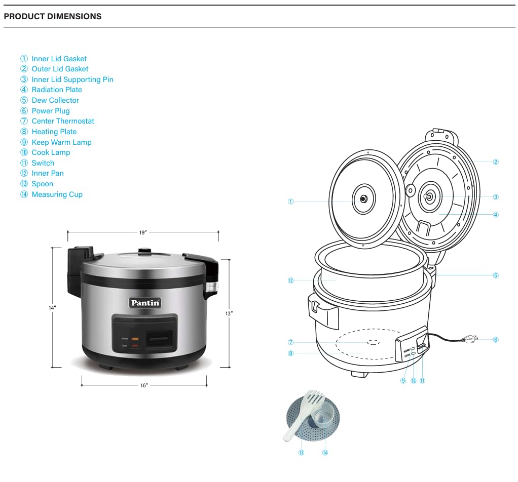 Pantin Commercial Rice Cooker & Warmer - 35 Cups Uncooked / 70 Cups Cooked, Extra Large Capacity Rice Cooker with Nonstick Inner Pot & Switch Press, 120V/1500W, ETL Listed