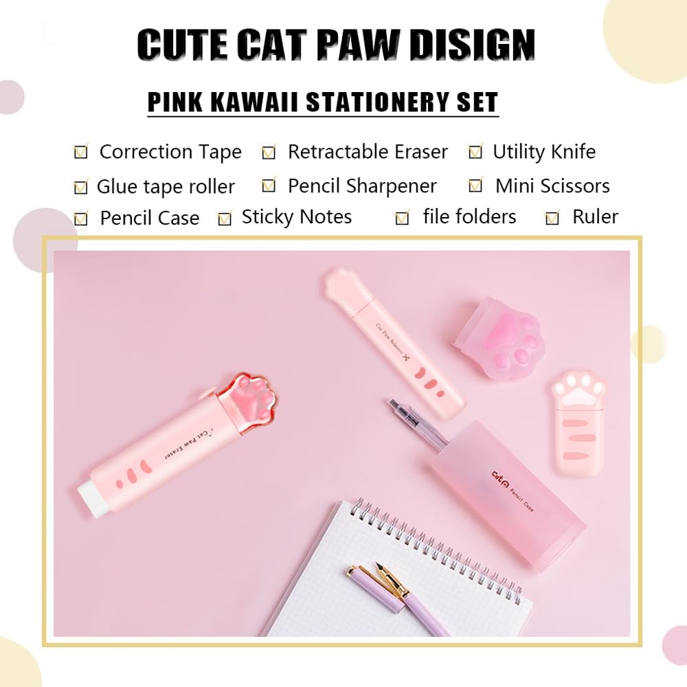 Cute School Supplies,Stationary Gift Set, Japanese Stationery Birthday GIFS, Includes Pencil Sharpener,Eraser, Correction Tape, Ruler, Mini Scissors,Utility Knife, for Office School Supplies (Pink)
