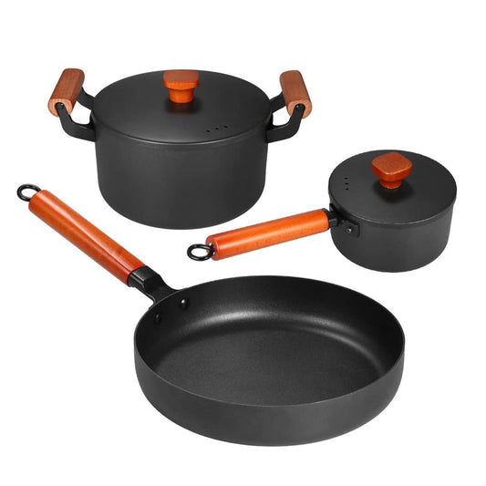 3 Piece Cast Iron Cookware Set Nonstick Iron Pot Soup Milk Frying Pan Kitchen and Pantry Room Cookware (Color : Black, Size Black
