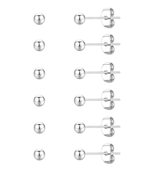 6 Pairs 3mm Silver Ball Stud Earrings for Women Men, Hypoallergenic Stainless Steel Tiny Stud Earrings Set, 20G Small Round Earrings for Multiple Piercings Cartilage Earlobe