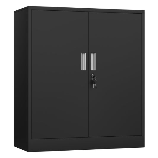 JINKUR Metal Storage Cabinet with Locking Doors and 2 Adjustable Shelves, Small Lockable Steel Storage Cabinets for Home Office Garage Kitchen Pantry (Black)