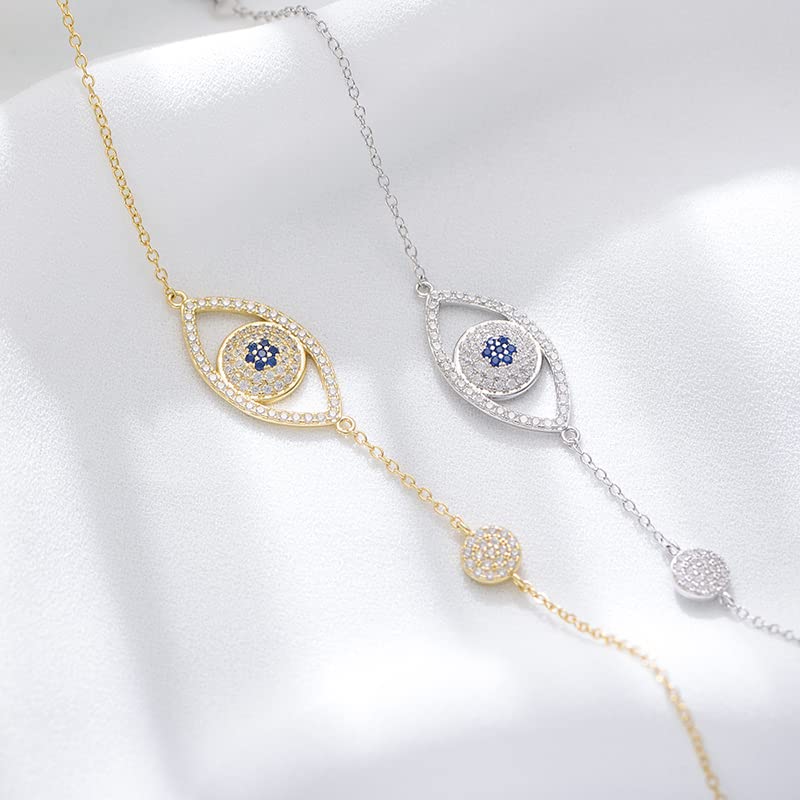 Solid 14K Gold Over 925 Silver Moissanite Evil Eye Bracelet for Women,Dainty Adjustable Evil Eye Charm Chain Bracelet,Fashion Christmas Jewelry Gift for Her (Yellow Gold, 14K Gold)