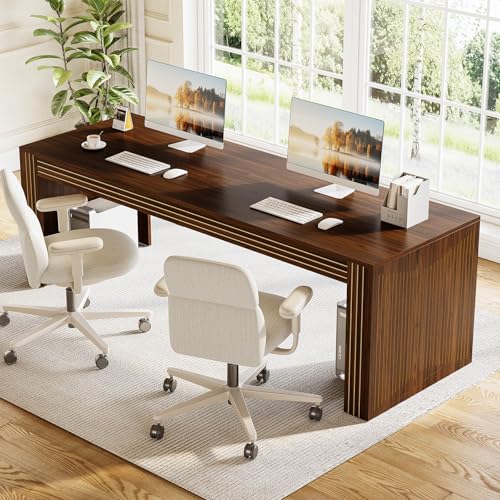 LITTLE TREE 78.7-Inch Two Person Desk, Double Monitor Office Desk for 2 Person, Large Executive Wood Desks Conference Table, Home Office Dark Brown