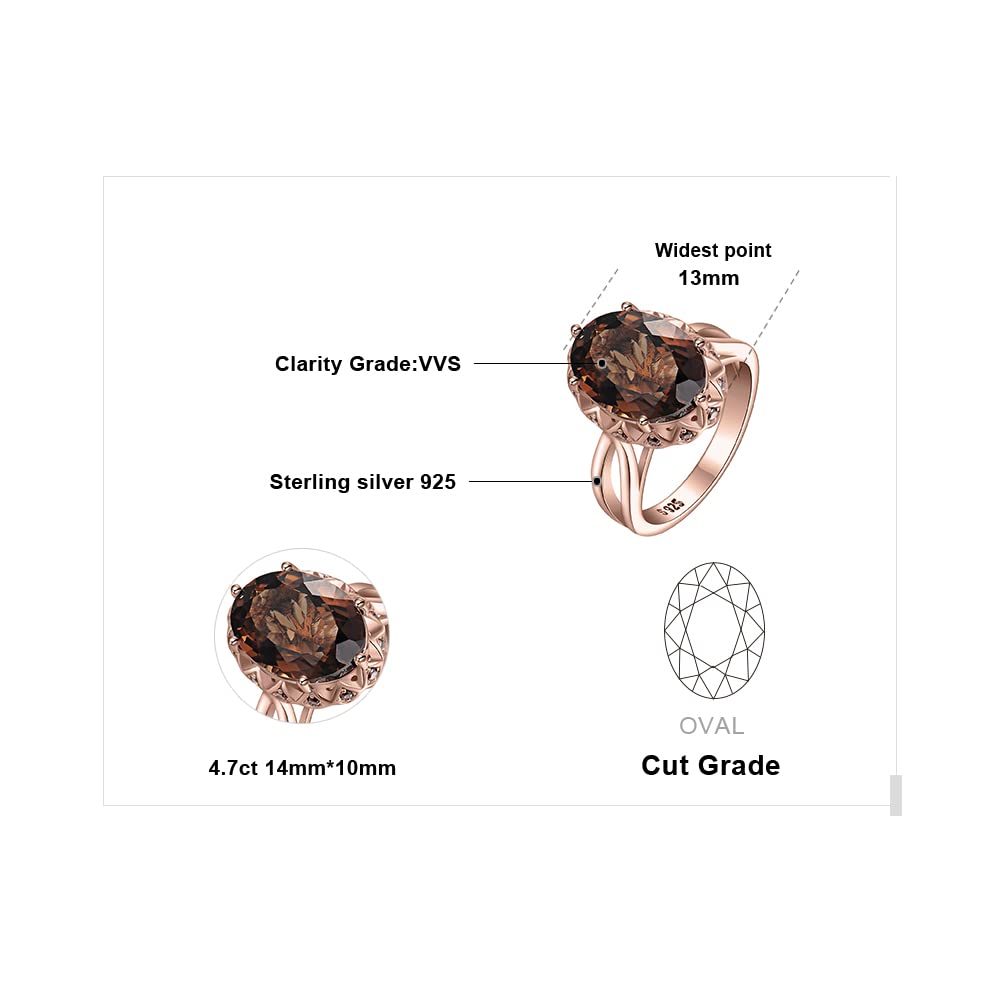 JewelryPalace Huge Oval Shape 5.7ct Genuine Smoky Quartz Cocktail Rings for Her, 14K Rose Gold Plated 925 Sterling Silver Ring for Women, Natural Gemstone Jewelry Sets Rings 9
