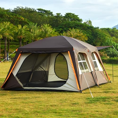 KTT Extra Large Tent 12 Person(A),Awning Family Cabin Tents,2 Rooms,4 Doors and 4 Windows with Mesh,Straight Wall,Waterproof,Double Layer,Big Tent for Outdoor,Picnic,Camping,Family Gathering(Brown)