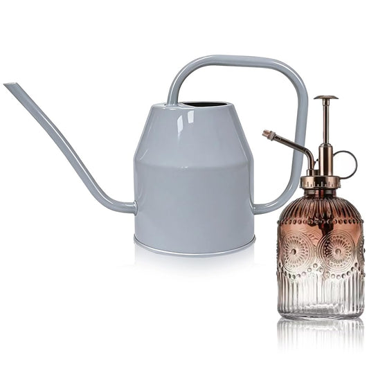 35 oz/1000 ml Metal Indoor Small Watering Can with Long Spout for House Plants Decorative, 12 oz/360 ml Glass Plant Mister Spray Bottle for Bonsai Garden Flowers (Grey)