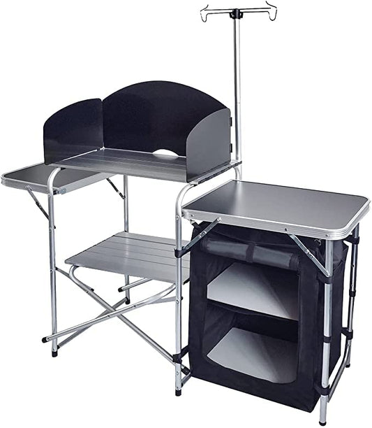 CAMP SOLUTIONS Folding Cooking Table Outdoor Portable Cook Station Aluminum Camping Kitchen with Storage Organizer, Windscreen, Hooks for BBQ, Party (Black)