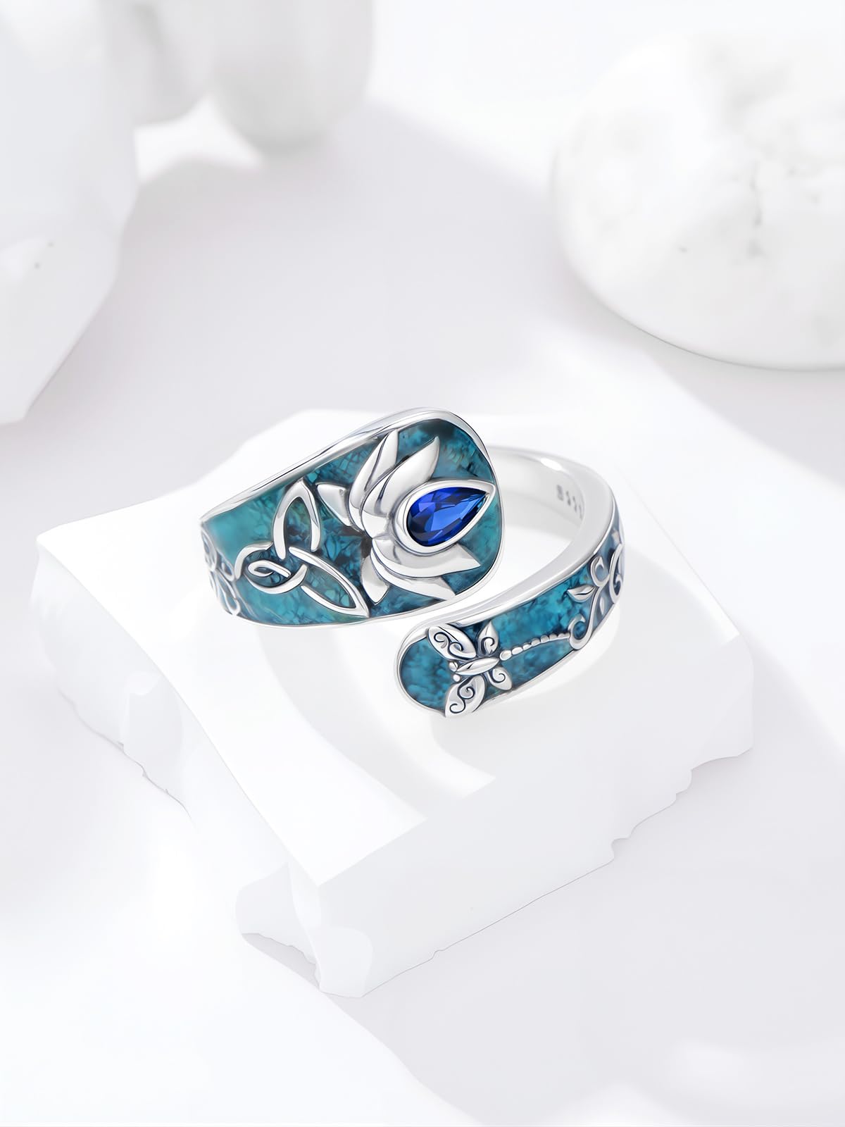 Midari Lotus Spoon Rings for Women Sterling Silver AdjustableTurquoise Lotus Flower Finger Thumb Rings with Lotus Turquoise Jewelry for Women Yoga Lovers Birthday Christmas Gifts B