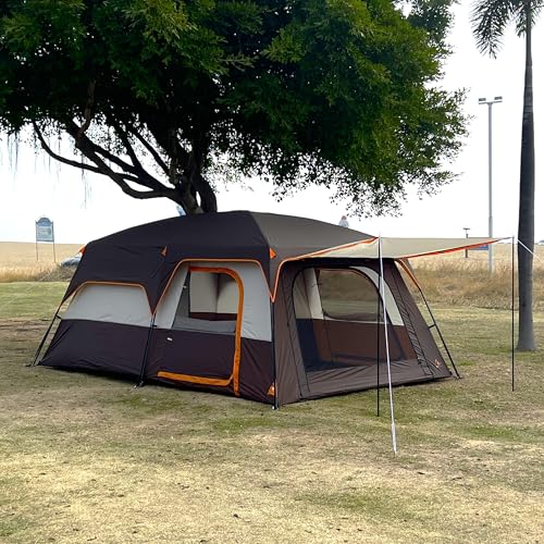 KTT Extra Large Tent 12 Person(A),Family Cabin Tents,2 Rooms,3 Doors and 3 Windows with Mesh,Straight Wall,Waterproof,Double Layer,Big Tent for Outdoor,Picnic,Camping,Family Gathering(Brown)