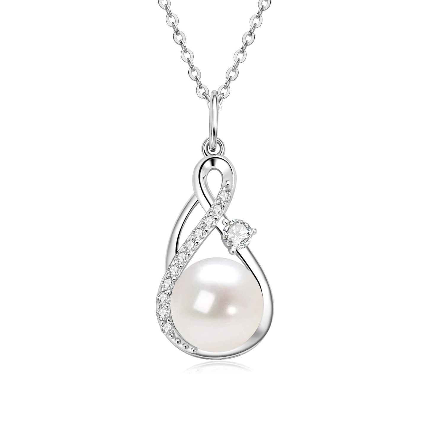 DENGGUANG Freshwater Pearl Pendant Necklace for Women, Infinity Single Pearl Necklace with Moissanite, 925 Sterling Silver Adjustable Chain, Mothers Day Gifts for Mom