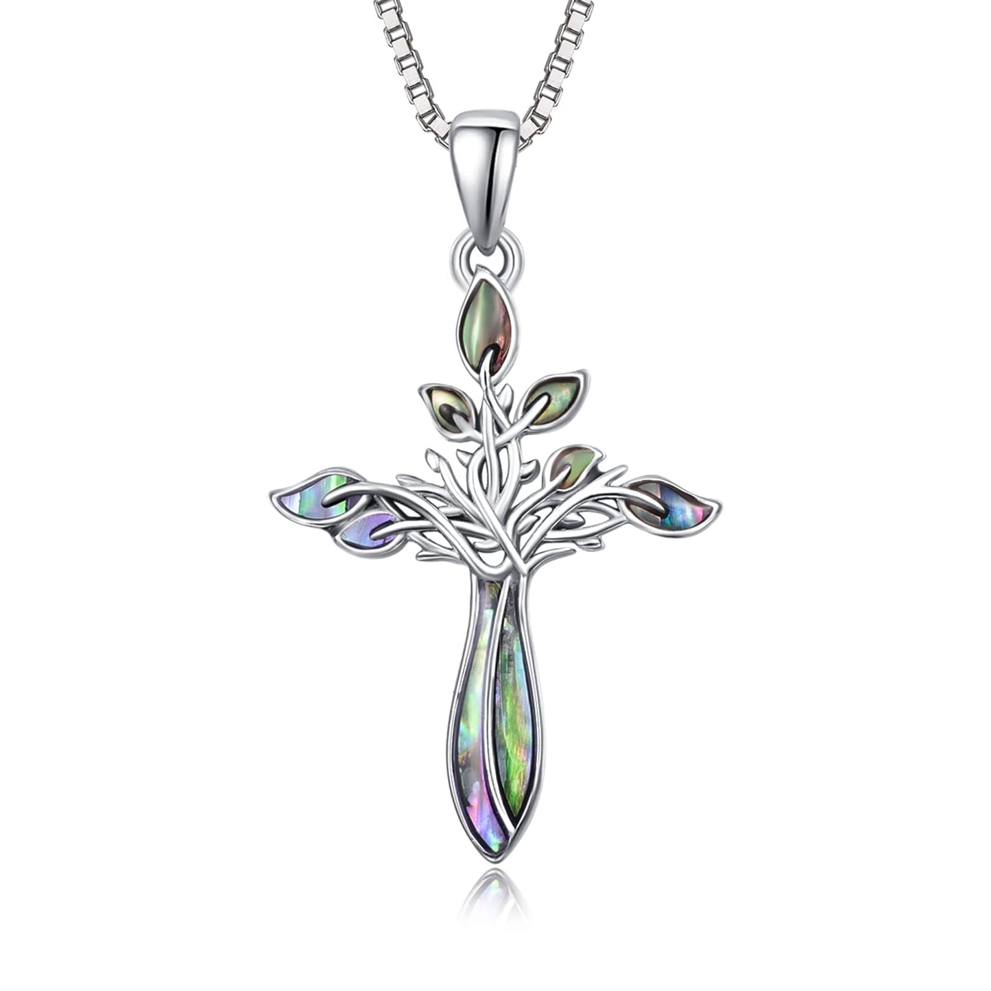 Dreamboat Cross Necklace for Women Sterling Silver Cross Pendant Tree of Life Necklace Abalone Shell Faith Confirmation Gifts Christian Religious Jewelry for Mom