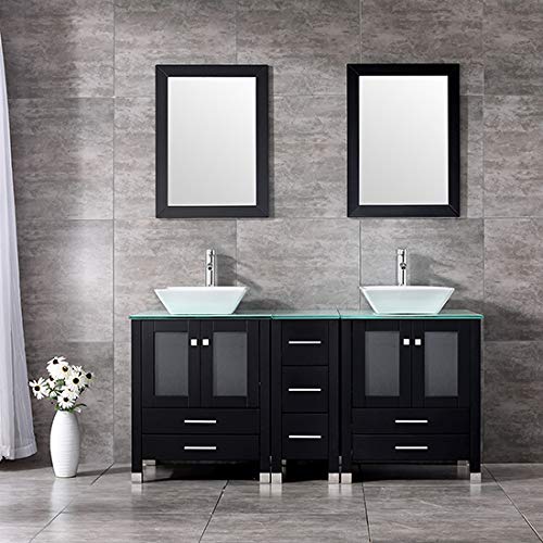 wonline 60" Black Double Wood Bathroom Vanity Cabinet and Square Ceramic Sink w/Mirror Combo Wash Basin with Faucet
