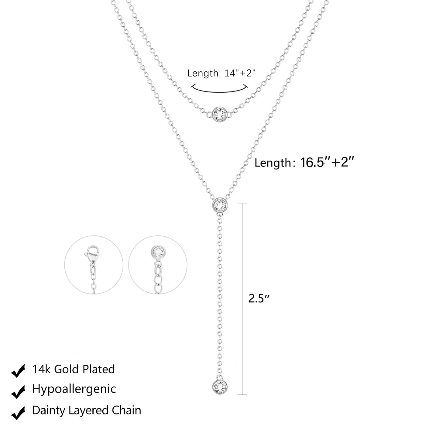 LULII Layered Silver Necklace for Women Trendy Dainty Silver Plated Long Y Necklaces Lariat CZ Pendant Necklace Simple Jewelry for Women Gifts