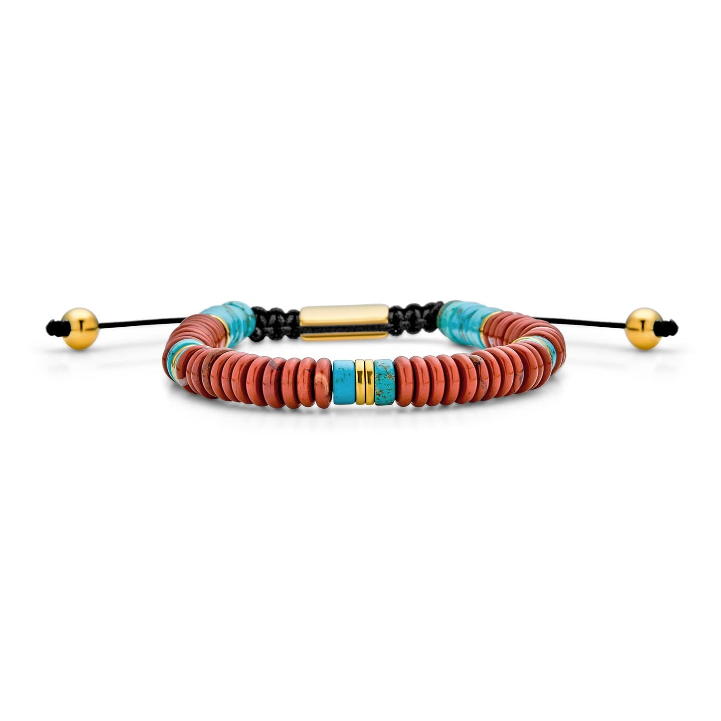 Boho South Western Style Natural Gemstone Brick Red Blue Turquoise & Carnelian Stones Chakra Stacking Bolo Bracelet Gold Plated Stainless Steel Spacers Rondel Tube Beads Adjustable Slider Cord 7-9”