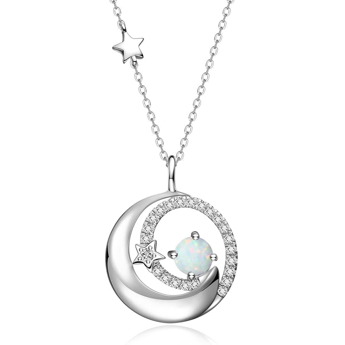 FANCIME White Opal Necklace October Birthstone Moon Star Pendant Necklaces Sterling Silver Jewelry Birthday Anniversary Mothers Day Gifts for Women Mom Daughter, Adjustable Chain 16"+2"