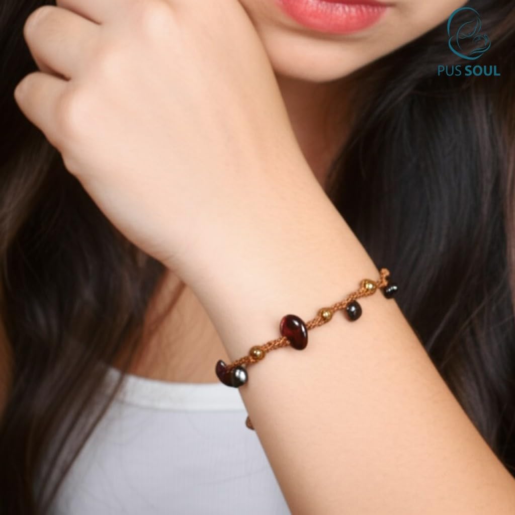 PusSoul Handmade Garnet Small Crystal Bracelet (6.5-7.5'') - Adjustable & Plus Size, Natural Healing Crystal Chips, Waterproof, Chakra Beaded - Unusual Jewelry for Women, Girl & Friendship from