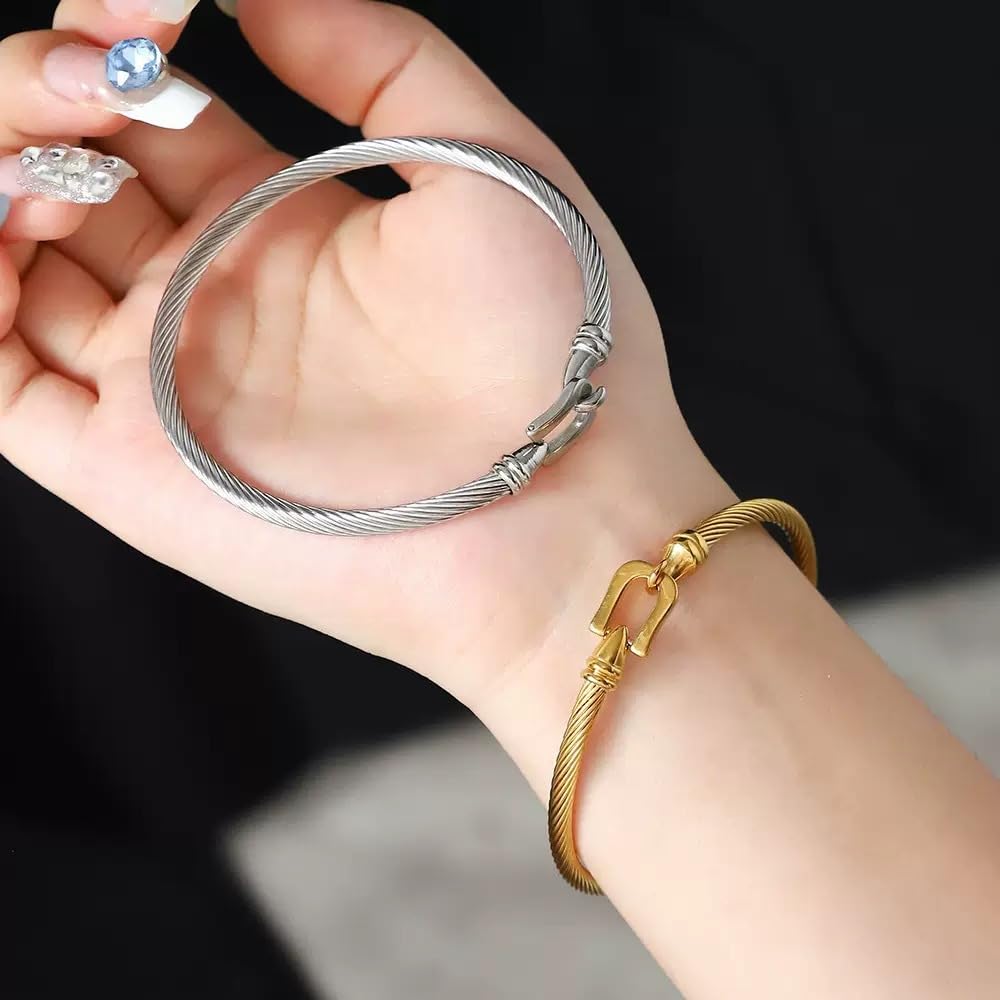 LXBQYSTO Cable Wire Twisted Cuff Bangle Bracelet For Women 14K Gold/rose/silver Stainless Steel Jewelry for Women Gift (Close1-Silver)