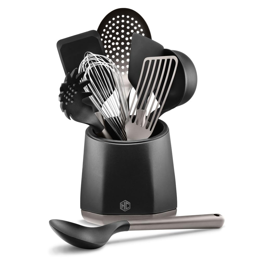 HexClad 9-Piece Kitchen Utensil Set, 9 Stainless Steel & Silicone Tools with a Fingerprint-Resistant Metallic Finish, Heat-Resistant to 450°F, Dishwasher-Safe, Includes Non-Slip Ceramic Crock Holder