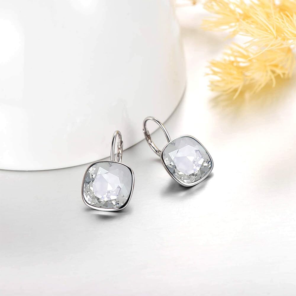 AOBOCO Sterling Silver Leverback Earrings with Crystals, Hypoallergenic Cushion Cut Square Crystal Earrings, Fine Anniversary Birthday Jewelry Gifts for Women, White