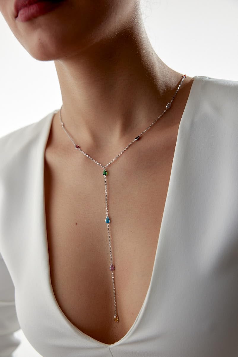 joy-d Colorful Gemstone Lariat Necklace for Women – Elegant Y Necklace with Teardrop Charms. Gold Plated Desginer Necklace - Gift for Her (Silver)