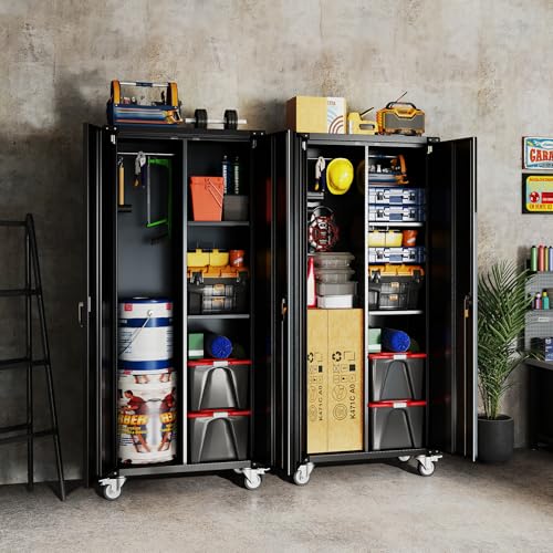DUMOS 72" H Black Metal Garage Storage Cabinets with Lock Door, Adjustable Shelves and Wheels, Steel Tool Cabinets for Home,Office,Warehouse