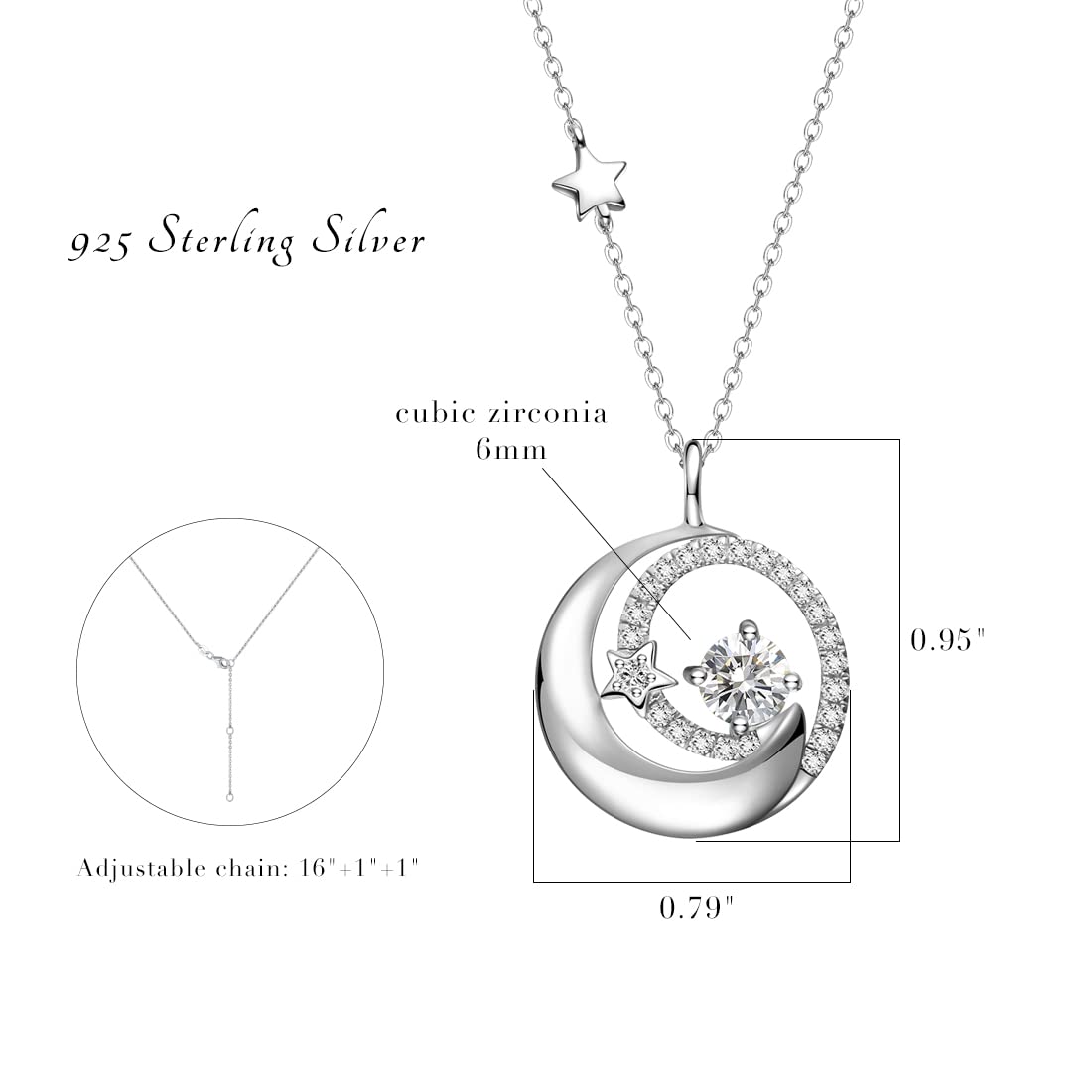 FANCIME April Birthstone Necklace for Women 925 Sterling Silver Moon Star Pendant Simulated Diamond Cubic Zirconia CZ Jewelry Anniversary Birthday Mothers Day Gifts for Mom Women Daughter, 16"+2"