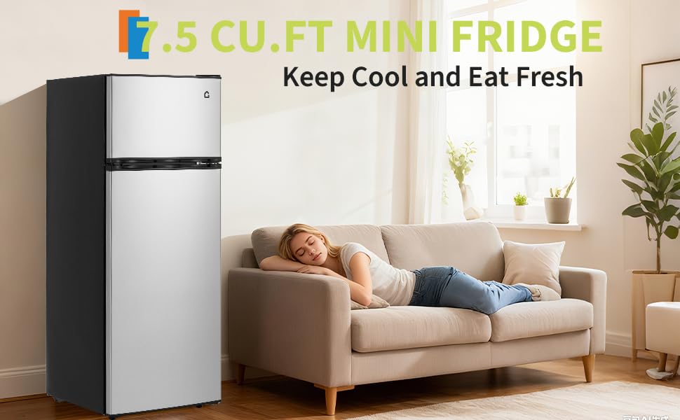 ExploreHorizon 7.5 Cu. Ft. Compact Refrigerator | Two Door Mini Fridge with Energy-Efficient & Quiet Operation | for Dorm, Office, Bedroom, Kitchen, Bar Use with Adjustable Shelves
