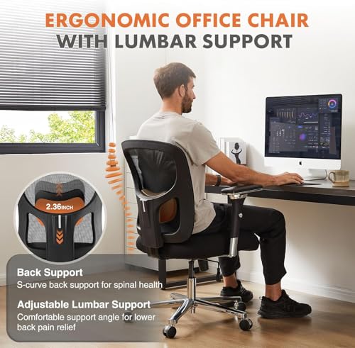Sweetcrispy Big and Tall Office Desk Chair with Lumbar Support, 500lbs Heavy Duty Mesh Ergonomic Computer Chair with 4D Armrest and Wide Comfy Seat, Wheels for Adult, Black