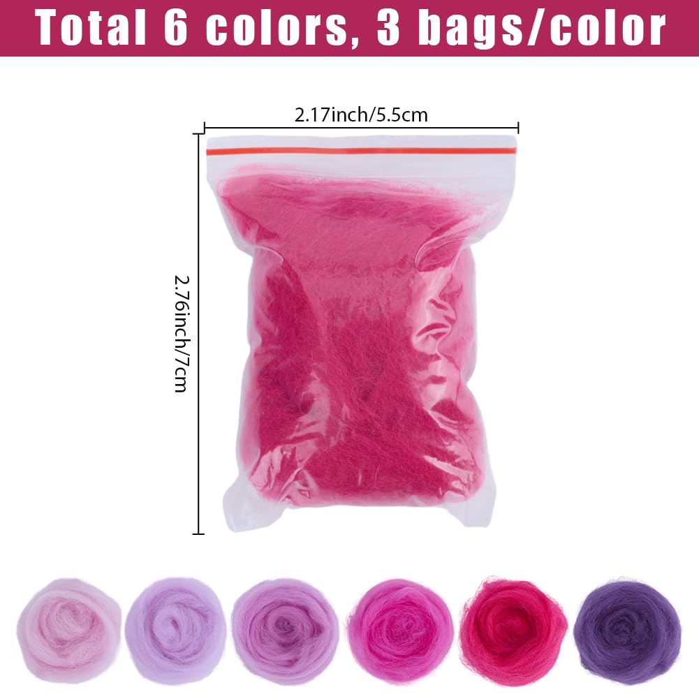 SOFPLATE 18Pcs 6 Colors Wool Roving Colors Needle Felting Yarn Bulk Pink Purple Flower Art Handcraft Spring Wet Felting Hand Spinning Wool for Beginners DIY Weaving Blending Craft Supplies Adults