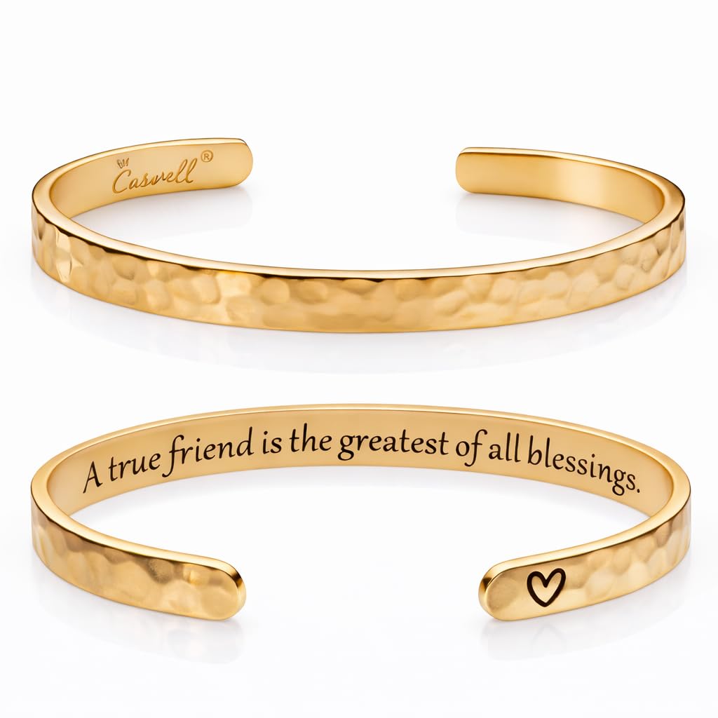 Carviell Gold Friendship Bracelet – “A True Friend Is the Greatest of All Blessings” Engraved Cuff, Best Friend Jewelry Gift for Women & Teens, BFF Bracelet, Stainless Steel Inspirational Bangle