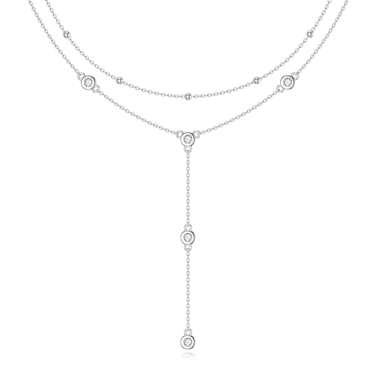 LWXIE Diamond Station Layered Lariat Necklace for Women 925 Sterling Silver Layering Y-Shaped Chain Necklace with Lab Grown Diamond Jewelry Gifts 0.3 CTTW D Color VVS Clarity, 14 inch + 16 inch Chain