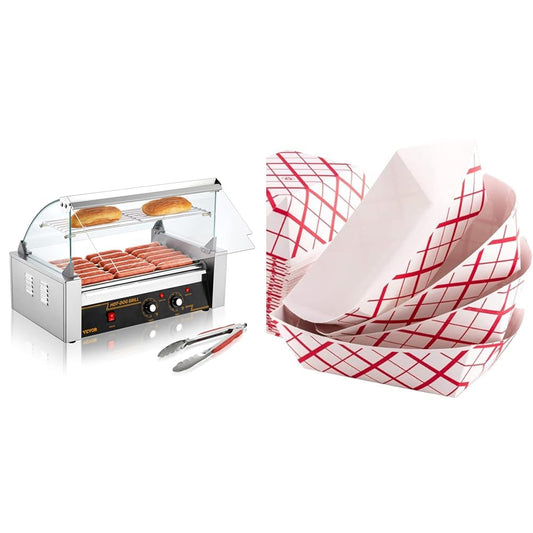 VEVOR Hot Dog Roller 7 Rollers 18 Hot Dogs Capacity 1050W Stainless Sausage Grill Cooker Machine & 7" Red Checker Paper Hot Dog Trays- Pack of 100ct