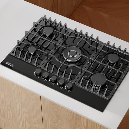 Empava 30 in. Gas Stove Cooktop 5 Italy Sabaf Sealed Burners NG/LPG Convertible in Black Tempered Glass EMPV-30GC26, 36 inches