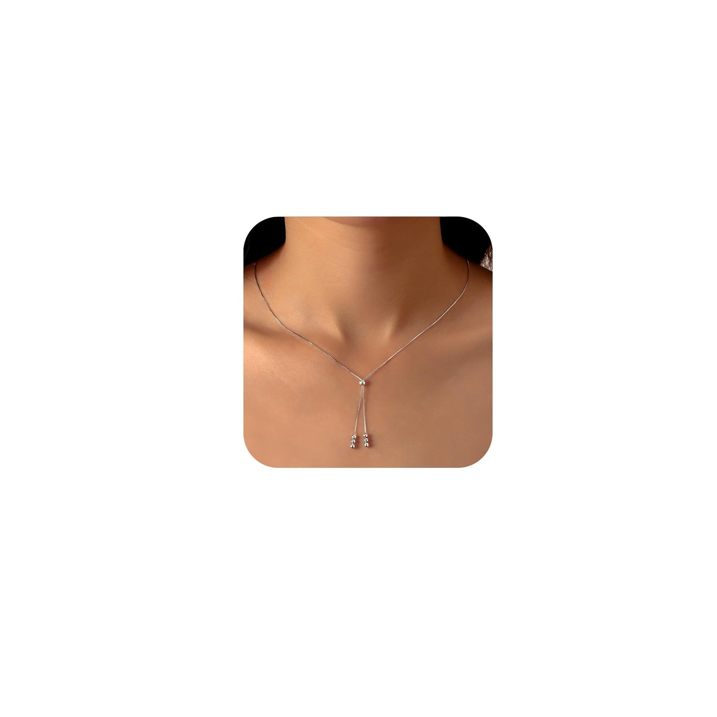 UTISUVIKO Lariat Gold Necklace for Women S925 Sterling Silver Dainty Layered Bead Necklaces Adjustable Y-Shaped Tassel Round Beaded Pendant Long Chain Necklace for Wedding Mother's Day Jewelry(Silver)