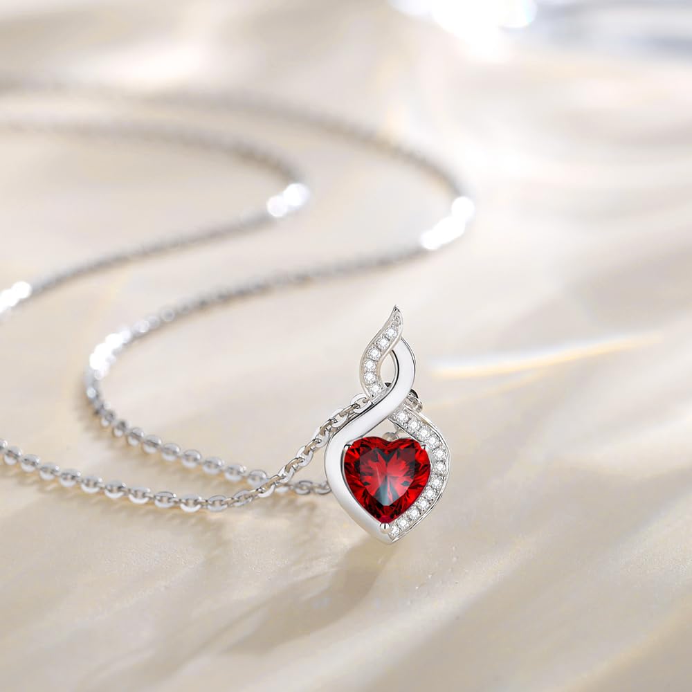 FANCIME Natural Garnet Necklace 14K Solid White Gold Heart Pendant with Diamond January Birthstone Necklace Jewelry Gifts for Mom Women