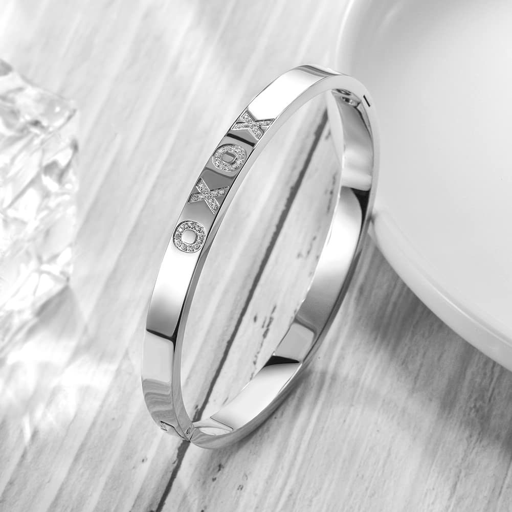 WISTIC Gold Plated Bangle Bracelet for Women, Silver Engraved Letter Cuff Bracelet with CZ, Fits 6.0–7.0 Inch Wrist, 2.4in Inner Dia., Rose Gold Stainless Steel Hinged Bangle Jewelry, XOXO, Silver