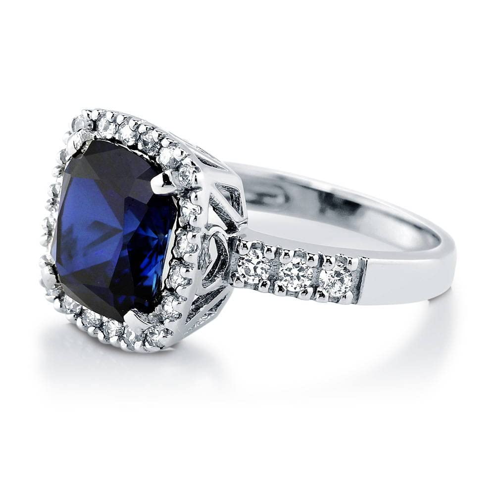 BERRICLE Sterling Silver Halo Simulated Blue Sapphire Cushion Cut Cubic Zirconia CZ Statement Cocktail Fashion Ring for Women, Rhodium Plated
