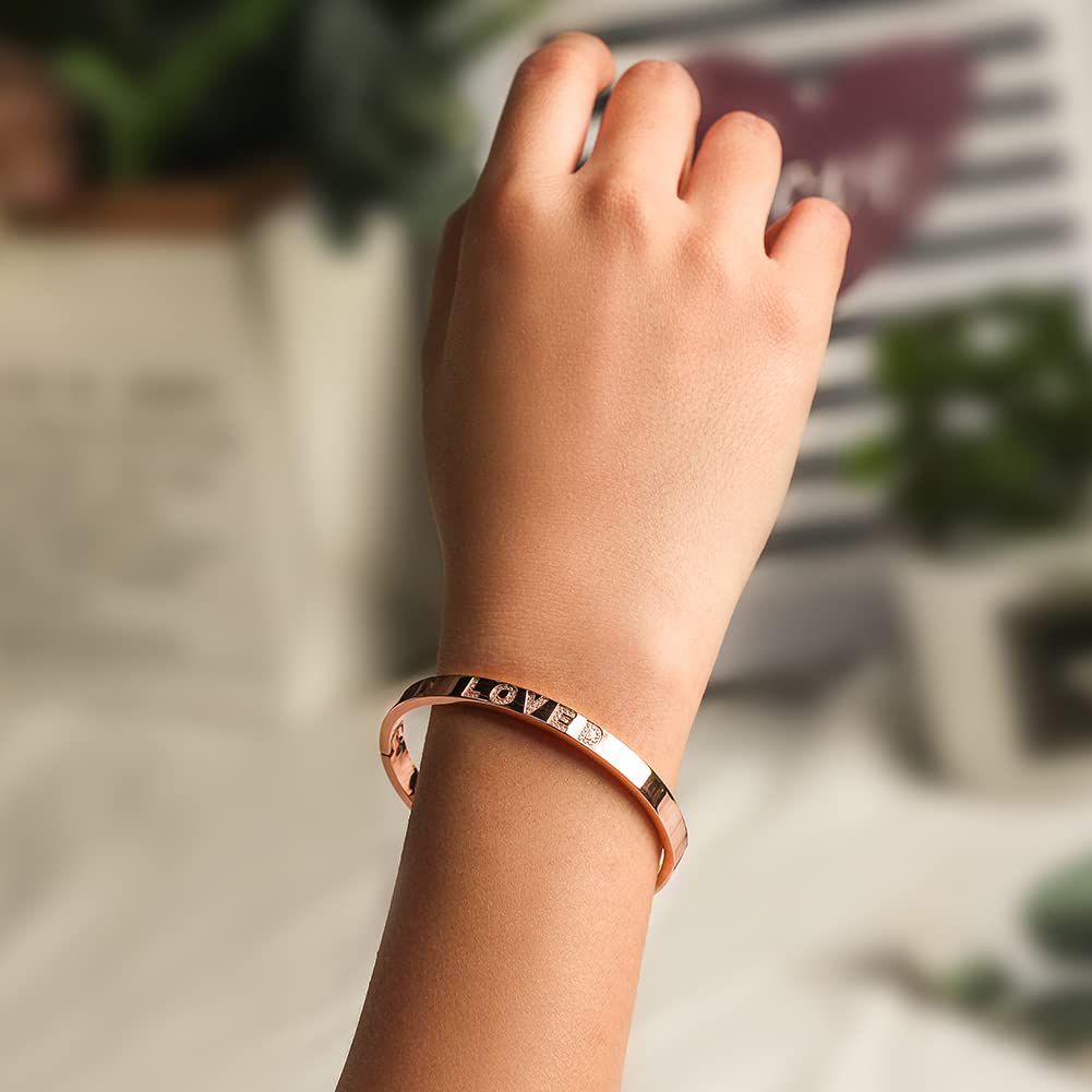 WISTIC Gold Plated Bangle Bracelet for Women, Silver Engraved Letter Cuff Bracelet with CZ, Fits 6.0–7.0 Inch Wrist, 2.4in Inner Dia., Rose Gold Stainless Steel Hinged Bangle Jewelry, LOVED, Rose Gold