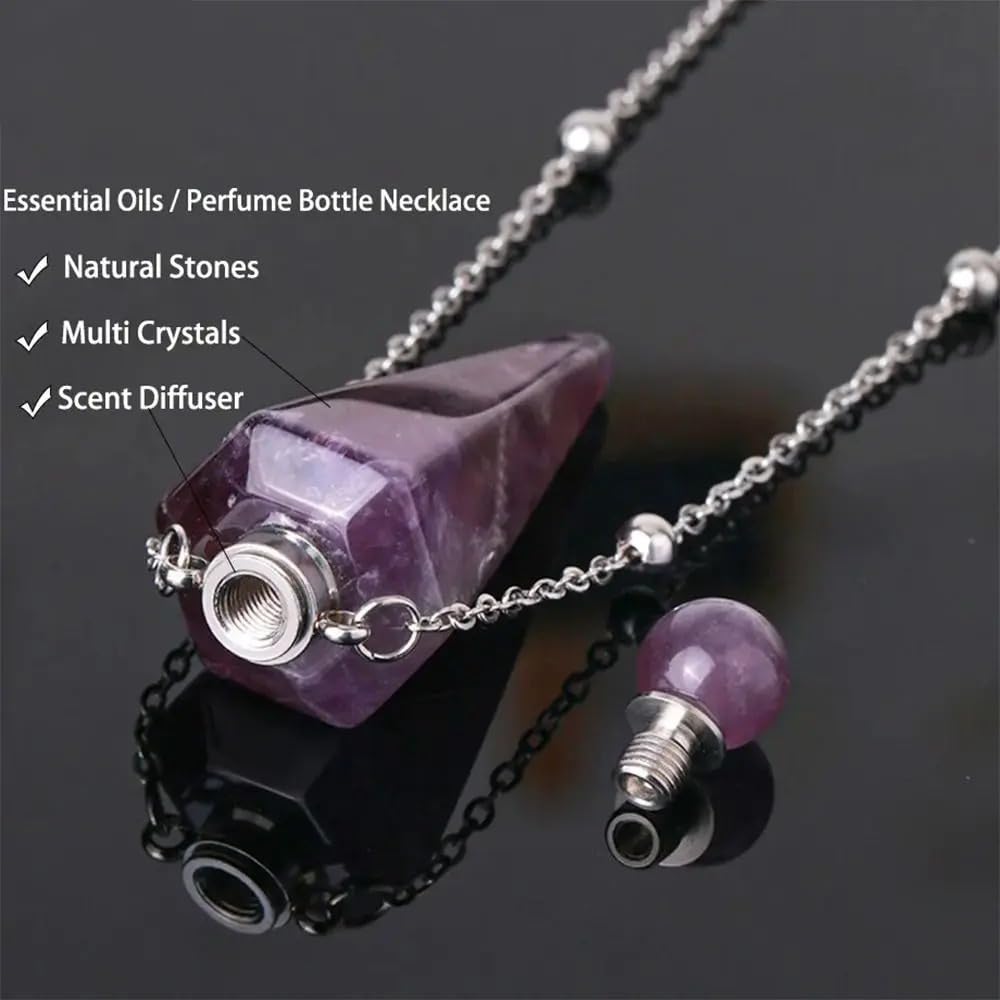 925 Sterling Silver Essential Oil Necklace For Women And Men, Natural Crystal Stone Cone Shape Pendant Necklace Healing Perfume Bottle Necklace Essential Oil Pendant Necklace (4 - Essential Oil Necklace)