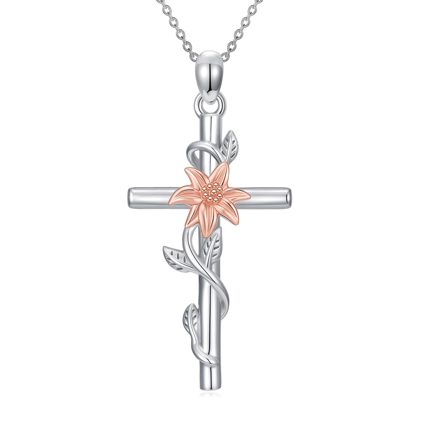 YYB Lily Cross Necklace for Women 925 Sterling Silver Lily Jewelry Dainty Silver Cross Necklace Christian Religious Gifts for Women Mothers Day Gifts
