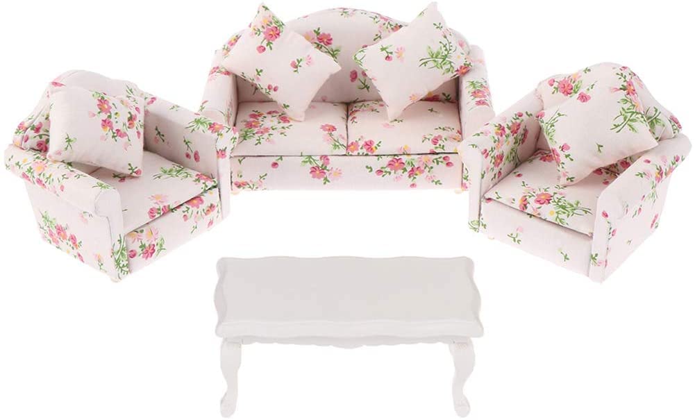 Dollhouse Furniture Set 3 Pcs 1:12 Dollhouse Miniature Wooden Sofa Cushions Armchair Pillow Kit Dolls House Furniture Couch with 1 Pc Dollhouse Teatable Coffee Table