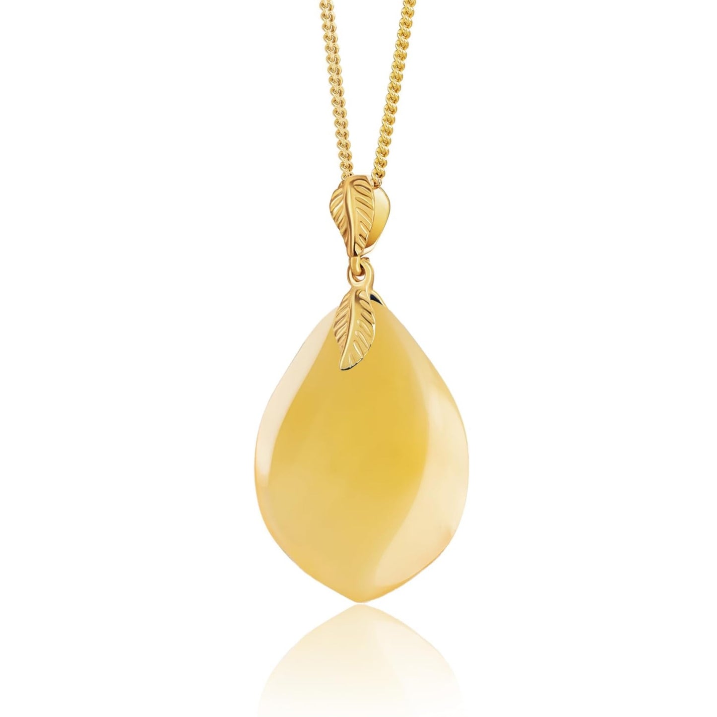 Amber by Mazukna Natural Baltic Amber Pendant for Women, Cognac Drop Necklace with Gold-Plated Sterling Silver Chain, Lightweight 18-inch Jewelry Gift for Everyday Elegance (Yellow Flame)