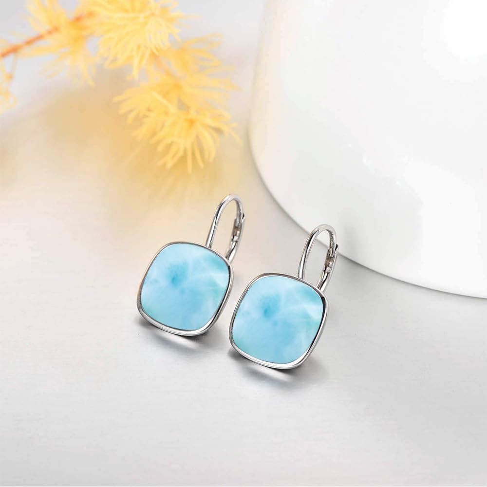 AOBOCO Sterling Silver Leverback Earrings Embellished with Crystals from Austria, Hypoallergenic Cushion Cut Square Crystal Earrings, Fine Anniversary Birthday Jewelry Gifts for Women (larimar)