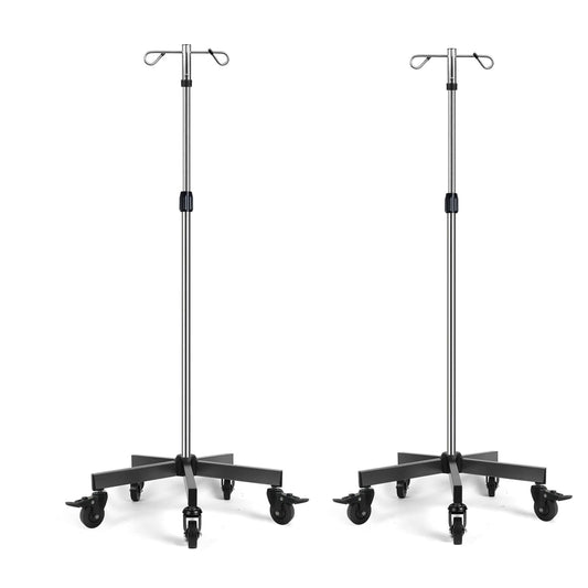 Konmee 2 PCS IV Poles IV Stands Portable Rolling 2 Hook 5 Legs Adjustable Height with Brake Wheels, Stainless Steel