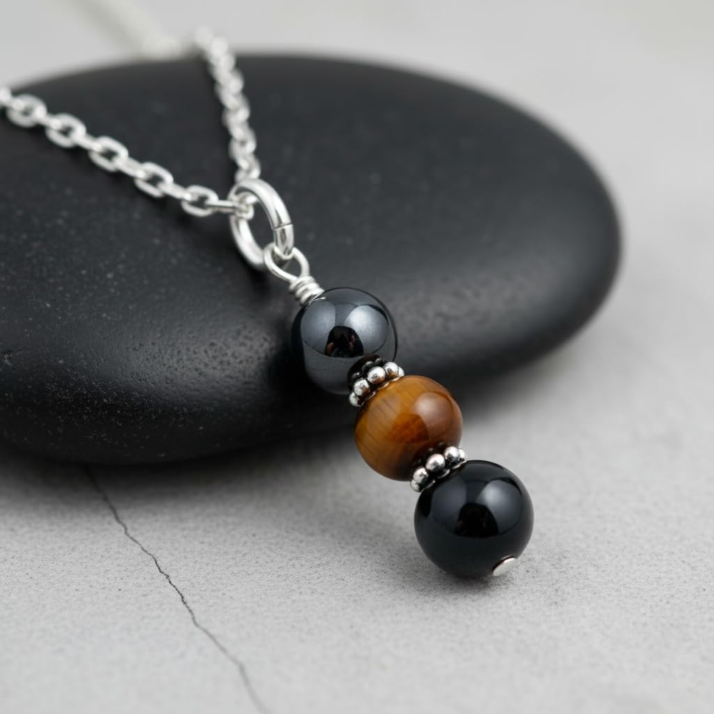 925 Sterling Silver Triple Protection Necklace, Handmade Healing Jewelry for Luck Prosperity Happiness, Natural Hematite Tiger Eye and Black Obsidian Pendant, Spiritual Gift for Men or Women