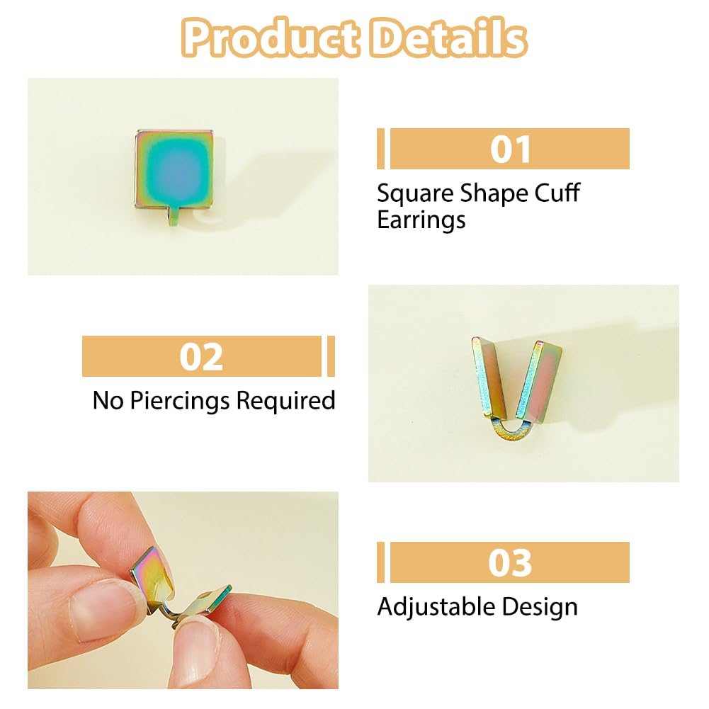 TNKBREEZE 5 Pairs Clip-on Earrings 5 Colors Stainless Steel Non-pierced Pressure Earrings Square Compression Earring Adjustable Cuff Earring for Women Men Ladies